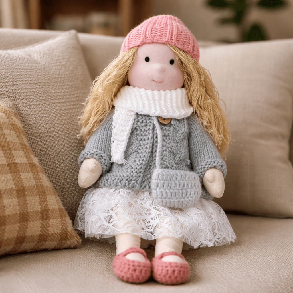 Handmade Waldorf Doll, Cotton & Plush, 28 cm | Minimalist Face for Imaginative Play | Sturdy Plastic Head, Cuddly Body 16