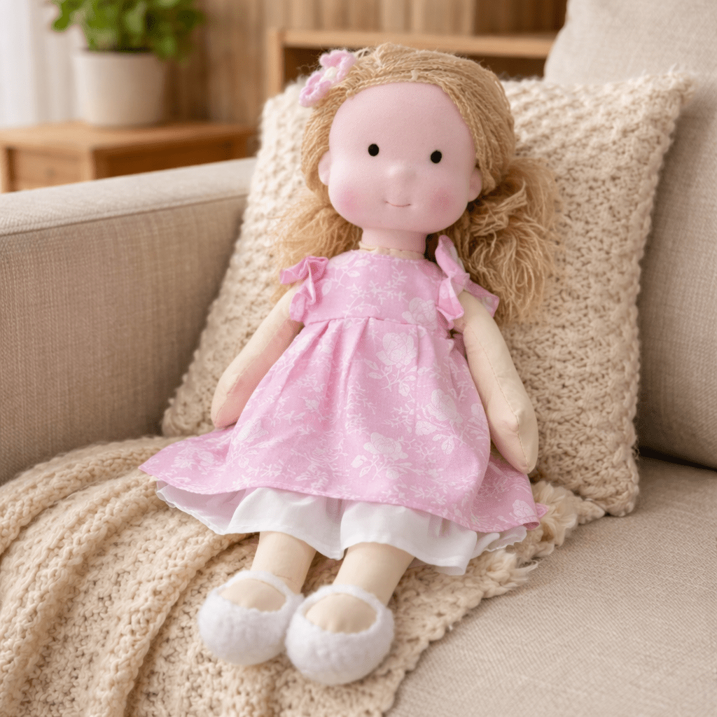 Handmade Waldorf Doll, Cotton & Plush, 28 cm | Minimalist Face for Imaginative Play | Sturdy Plastic Head, Cuddly Body 24