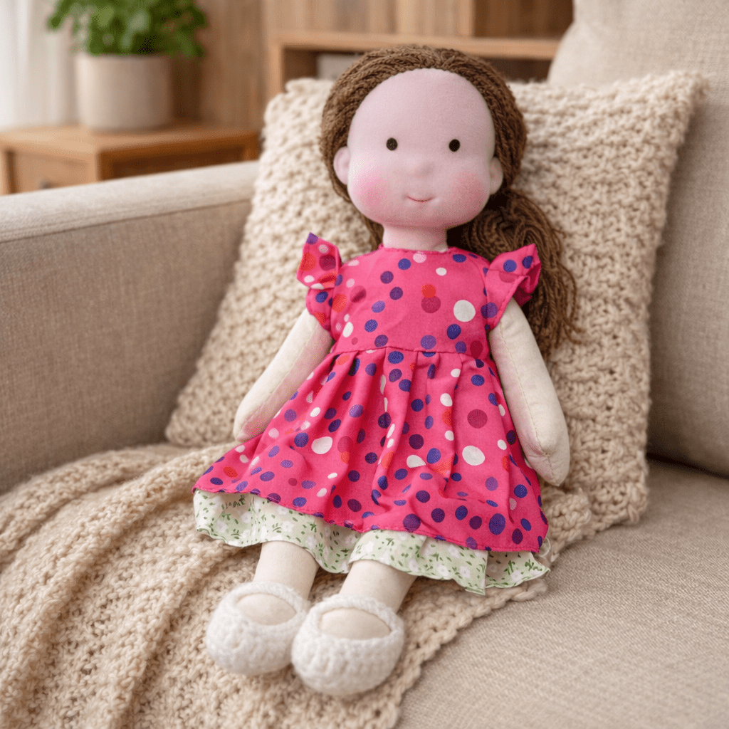 Handmade Waldorf Doll, Cotton & Plush, 28 cm | Minimalist Face for Imaginative Play | Sturdy Plastic Head, Cuddly Body 25