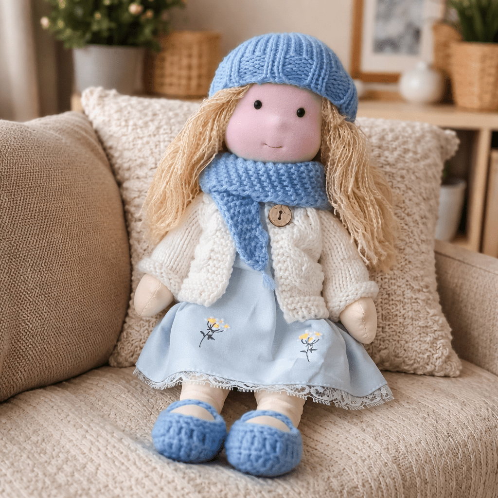 Handmade Waldorf Doll, Cotton & Plush, 28 cm | Minimalist Face for Imaginative Play | Sturdy Plastic Head, Cuddly Body 28