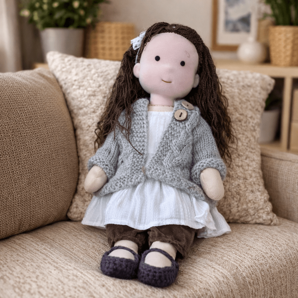 Handmade Waldorf Doll, Cotton & Plush, 28 cm | Minimalist Face for Imaginative Play | Sturdy Plastic Head, Cuddly Body 29