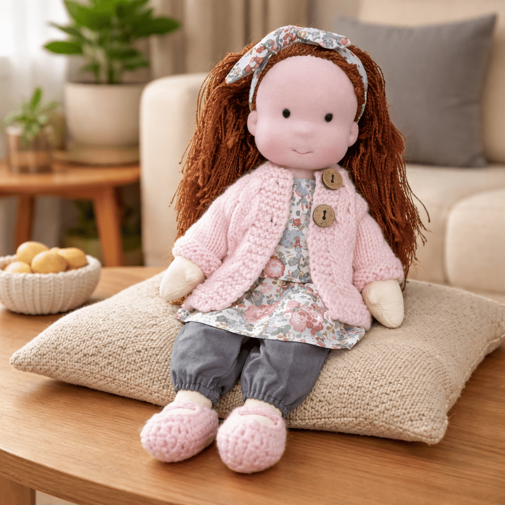 Handmade Waldorf Doll, Cotton & Plush, 28 cm | Minimalist Face for Imaginative Play | Sturdy Plastic Head, Cuddly Body 34