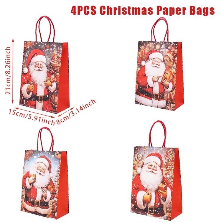 Christmas Kraft Paper Gift Bags with Handles | Set of 4 Festive Holiday Designs | Reusable & Recyclable Kraft Paper
