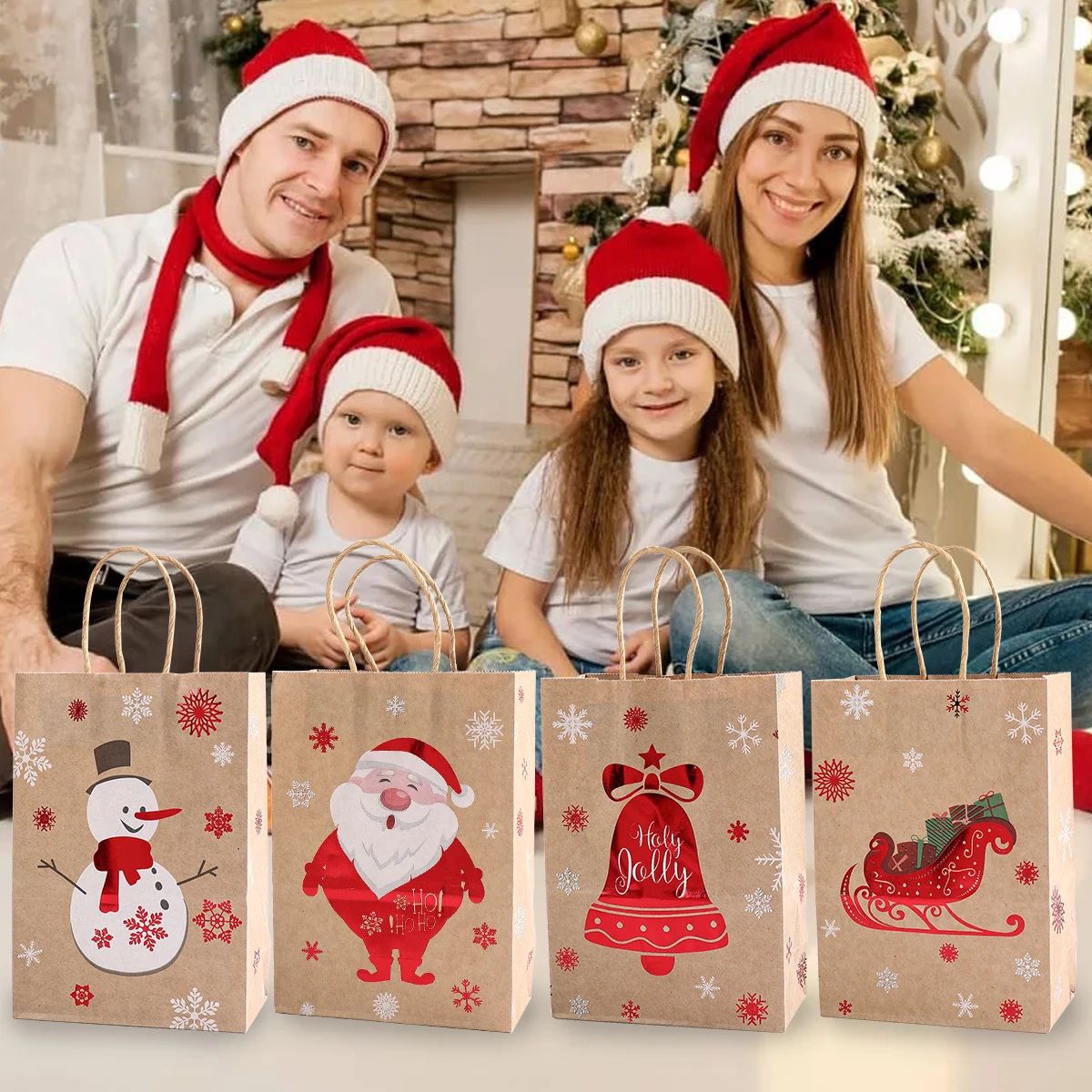 Christmas Kraft Paper Gift Bags with Handles | Set of 4 Festive Holiday Designs | Reusable & Recyclable Kraft Paper