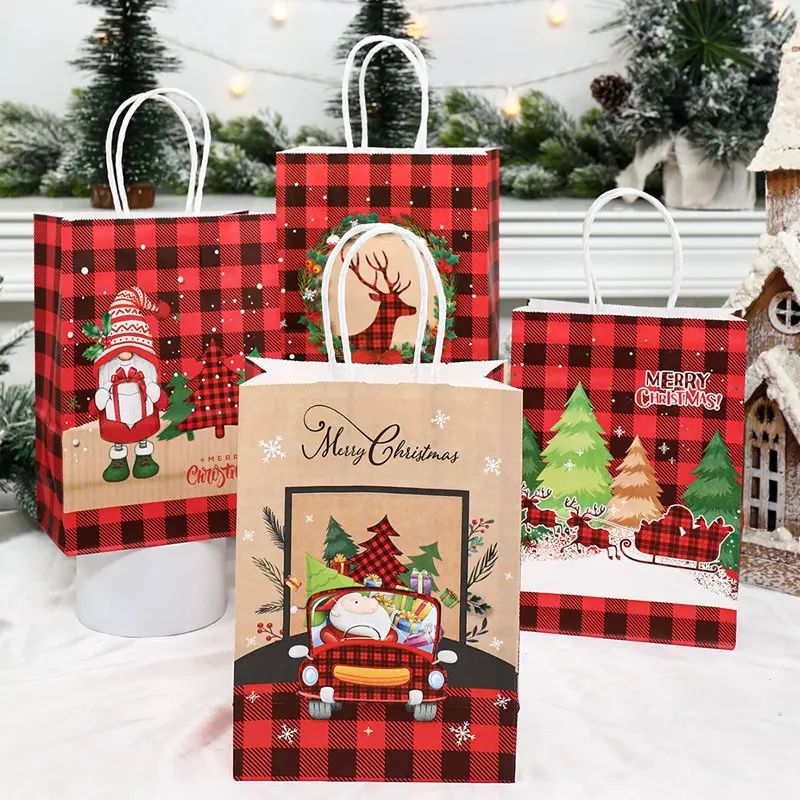 Christmas Kraft Paper Gift Bags with Handles | Set of 4 Festive Holiday Designs | Reusable & Recyclable Kraft Paper