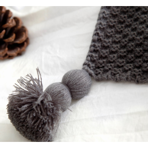 Chunky Knit Throw Blanket | Pom-Pom Tassels, Waffle Weave | Soft, Warm Throw for Sofa & Bed