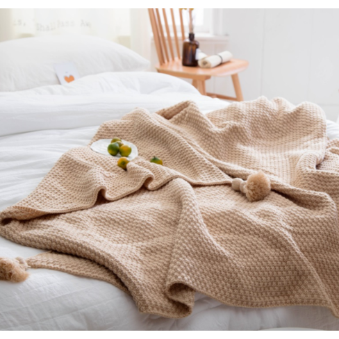 Chunky Knit Throw Blanket | Pom-Pom Tassels, Waffle Weave | Soft, Warm Throw for Sofa & Bed
