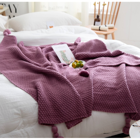 Chunky Knit Throw Blanket | Pom-Pom Tassels, Waffle Weave | Soft, Warm Throw for Sofa & Bed