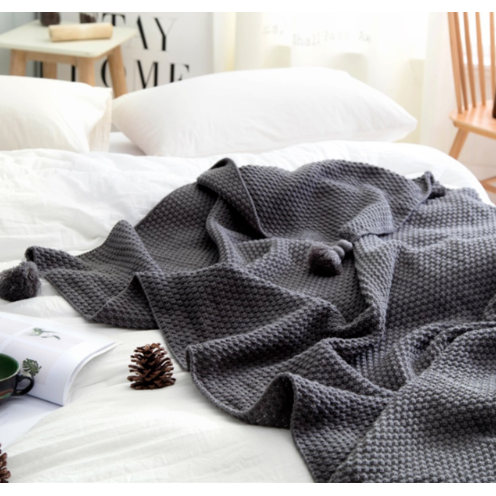 Chunky Knit Throw Blanket | Pom-Pom Tassels, Waffle Weave | Soft, Warm Throw for Sofa & Bed