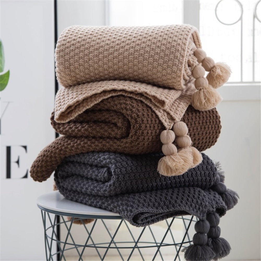 Chunky Knit Throw Blanket | Pom-Pom Tassels, Waffle Weave | Soft, Warm Throw for Sofa & Bed
