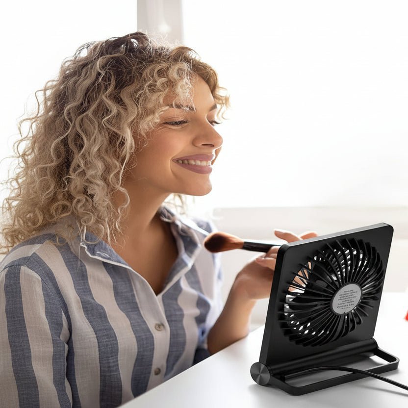 Compact USB Desk Fan | Flat Panel Body, Tilting Base