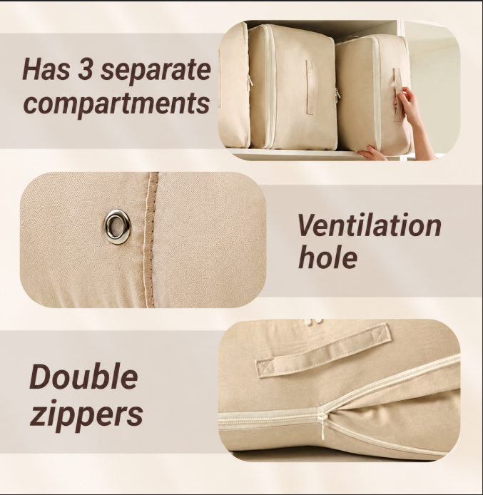 Compression Storage Bags Nylon 52×42×30 cm & 52×42×60 cm | Beige, Gray, Pink | Water-Repellent Space-Saving Storage
