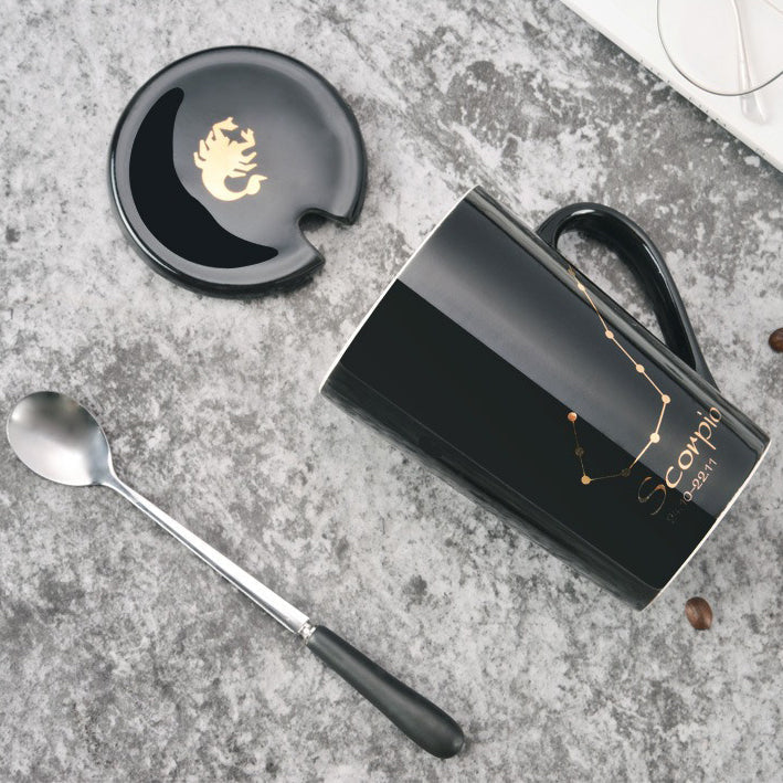 Constellation Ceramic Mug with Lid and Spoon, 420 ml | Black, 12 Zodiac Sign Designs | High-Temperature Resistant