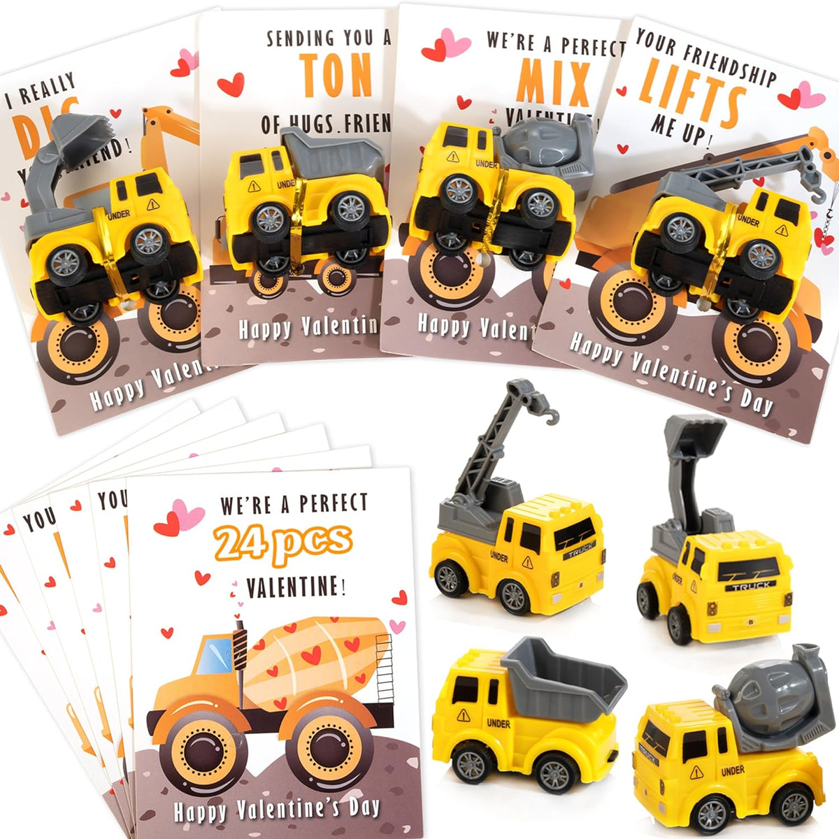 Construction Vehicle Valentine's Day Exchange Cards | 24 Cards & 24 Moving-Part Toy Vehicles | Plastic & Paper