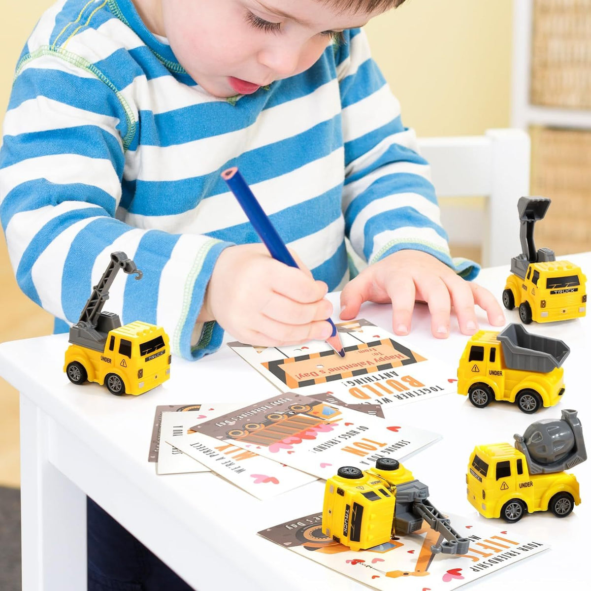 Construction Vehicle Valentine's Day Exchange Cards | 24 Cards & 24 Moving-Part Toy Vehicles | Plastic & Paper