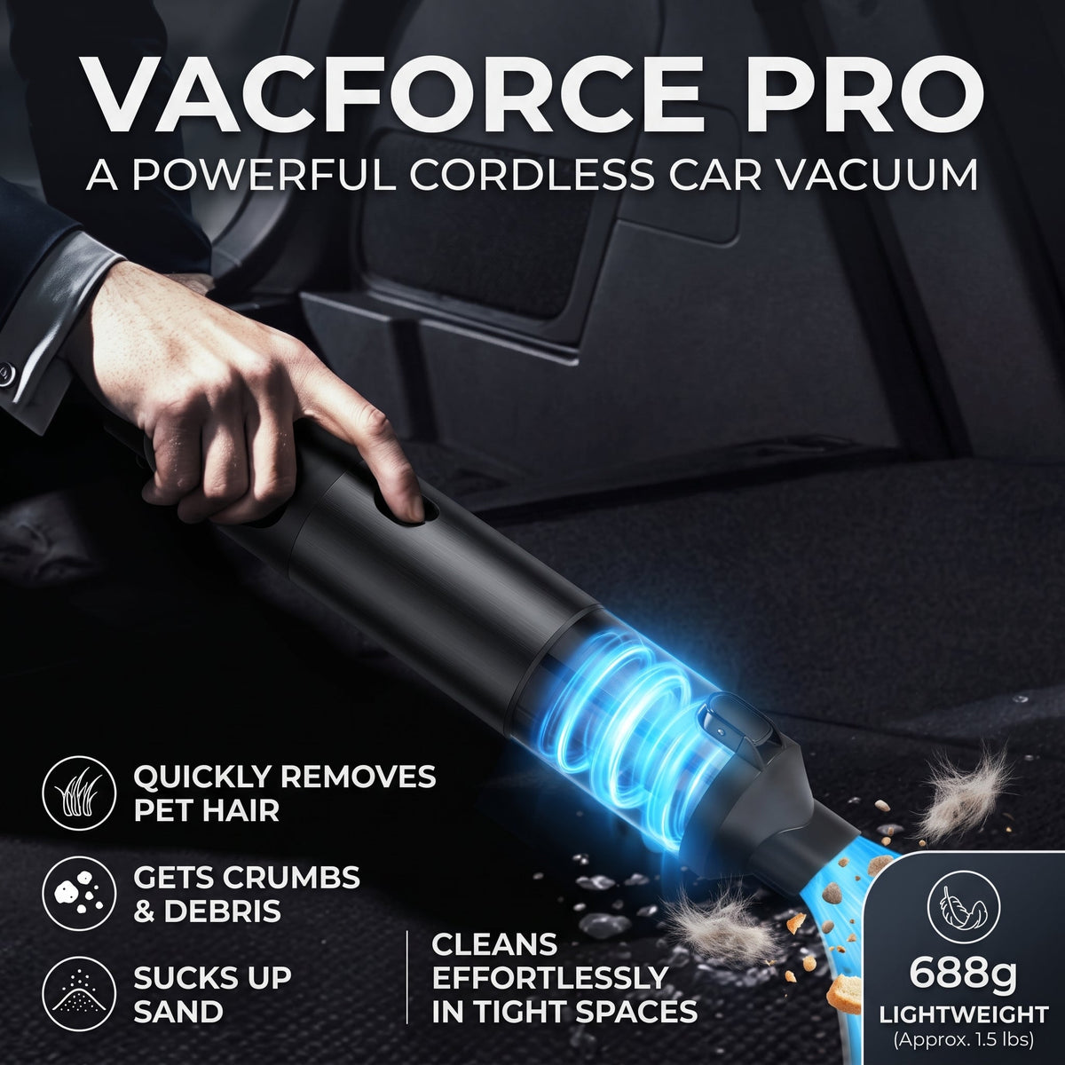 Cordless Car Vacuum Cleaner | High-Power Motor with Type-C Fast Charging | Removes Pet Hair, Crumbs & Sand Fast