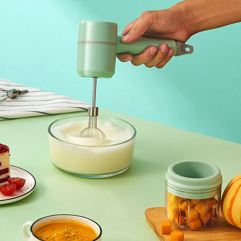 Cordless Electric Mixer with Whisk, Chopper & Blender | USB Rechargeable, 3 Speeds + Turbo | Splatter-Free Mixing & Chopping