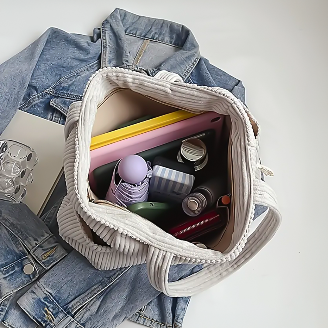 Corduroy Tote Bag with Ribbed Texture - Spacious Design for Everyday Use