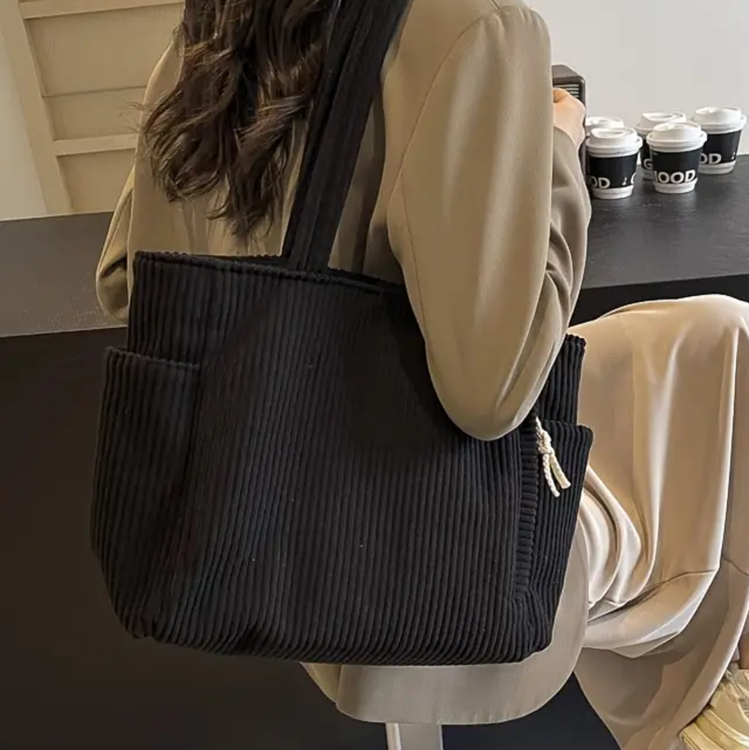 Corduroy Tote Bag with Ribbed Texture - Spacious Design for Everyday Use
