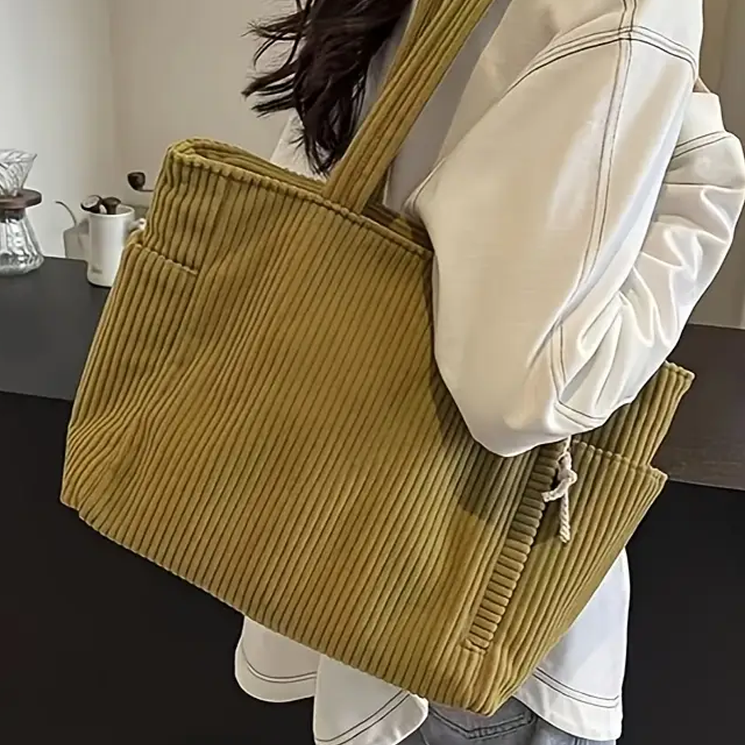 Corduroy Tote Bag with Ribbed Texture - Spacious Design for Everyday Use