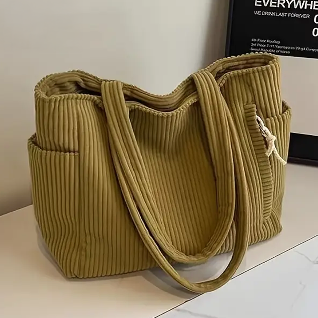 Corduroy Tote Bag with Ribbed Texture - Spacious Design for Everyday Use