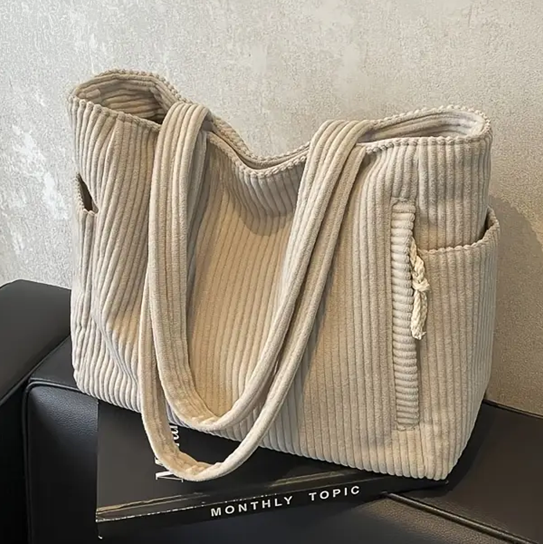 Corduroy Tote Bag with Ribbed Texture - Spacious Design for Everyday Use