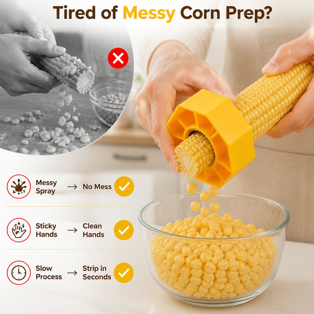 Corn Kernel Remover Stainless Steel Blade | Ergonomic Non-Slip Grip | Fast Mess-Free Corn Stripping Tool for Kitchen