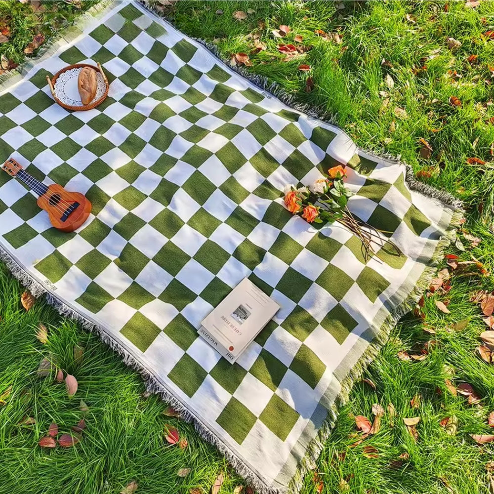 CozyHome | Large Checkered Picnic Blanket – Soft Microfiber with Fringe