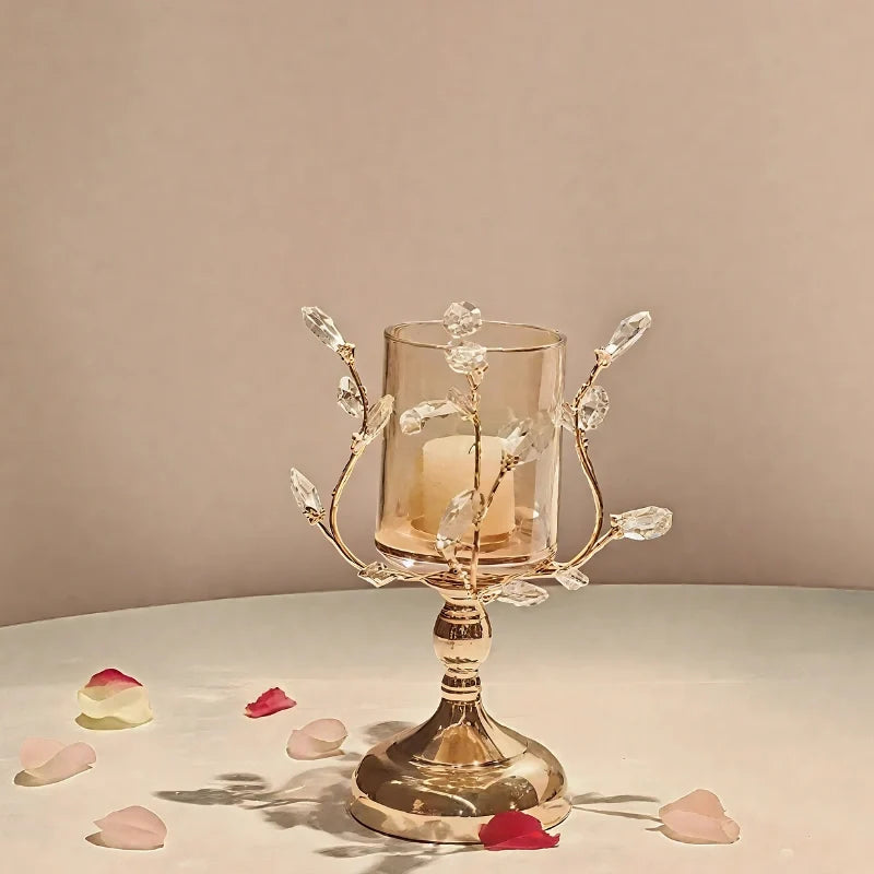 Crystal Glass Candle Holder, Iron Base | Petal-Shaped Faceted Design | Reflects Candlelight for Sculptural Table Decor