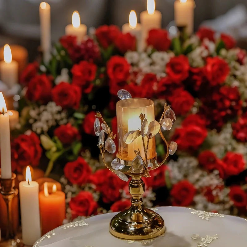 Crystal Glass Candle Holder, Iron Base | Petal-Shaped Faceted Design | Reflects Candlelight for Sculptural Table Decor