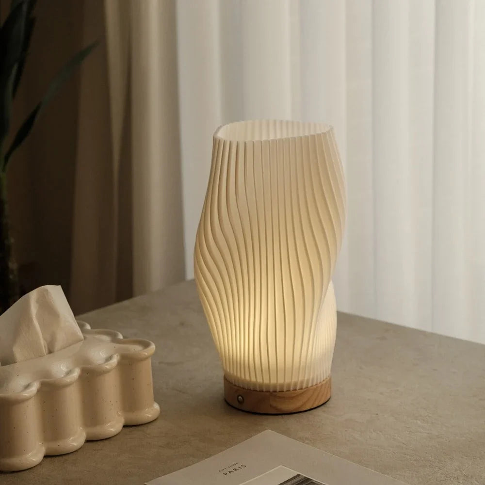 Sculpted Shade Table Lamp Wood Base | Wave, Swirl or Cloud Style, Medium or Large | Dimmable Warm & Natural White, USB Powered 10