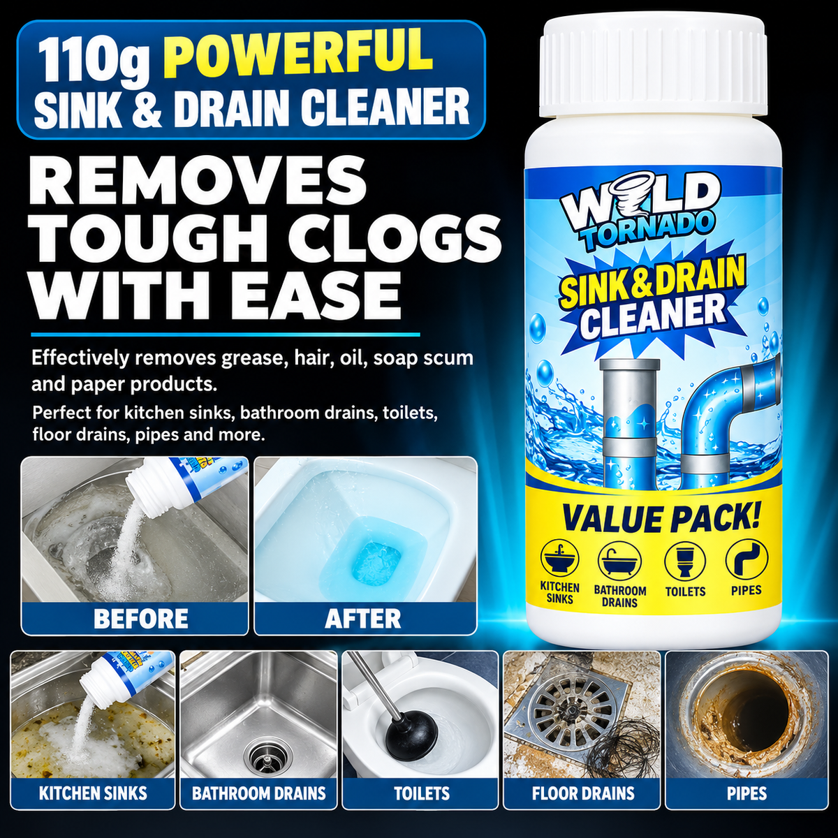 Drain Cleaner 110g | Fast-Acting Foaming Formula | Clears Clogs in Sinks, Showers & Toilets Without Scrubbing or Tools