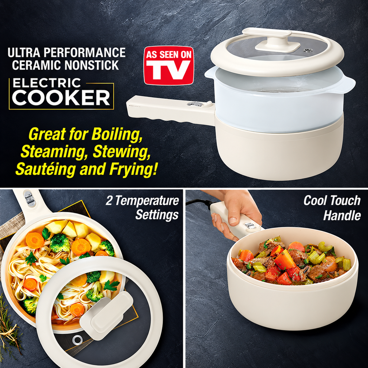 Electric Cooker Non-Stick Ceramic Interior 1.5 Litre | Cool-Touch Handle, Two Heat Settings | Portable Boil, Steam, Sauté & Fry