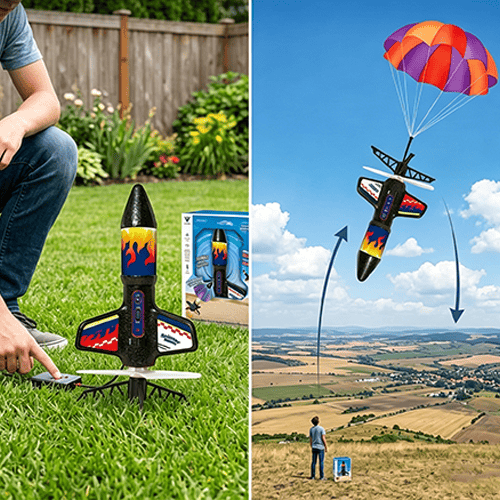 Electric Spinner Rocket Launcher Toy for Kids | USB Rechargeable Battery | LED Night Flight, Soft-Landing Design