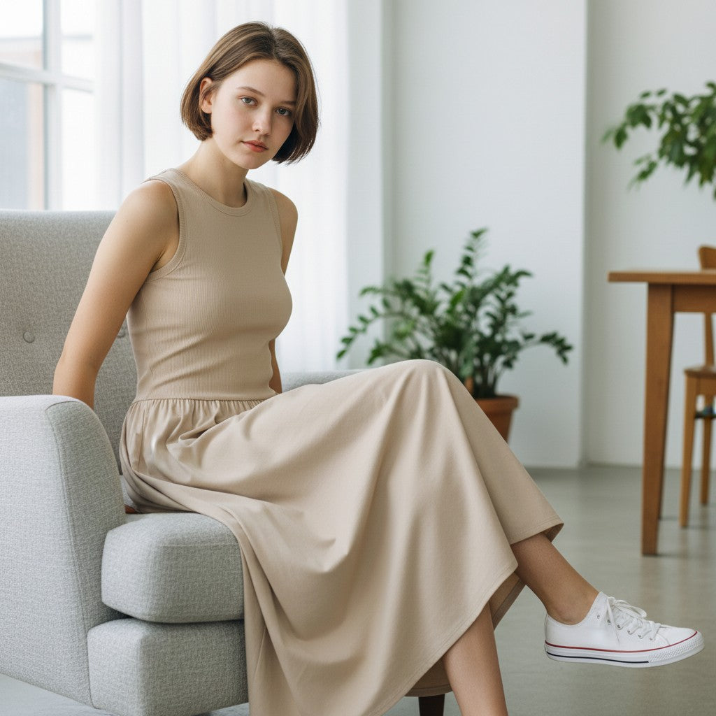 ElegantWear | Women's Midi Dress - Sleeveless A-Line with Defined Waist
