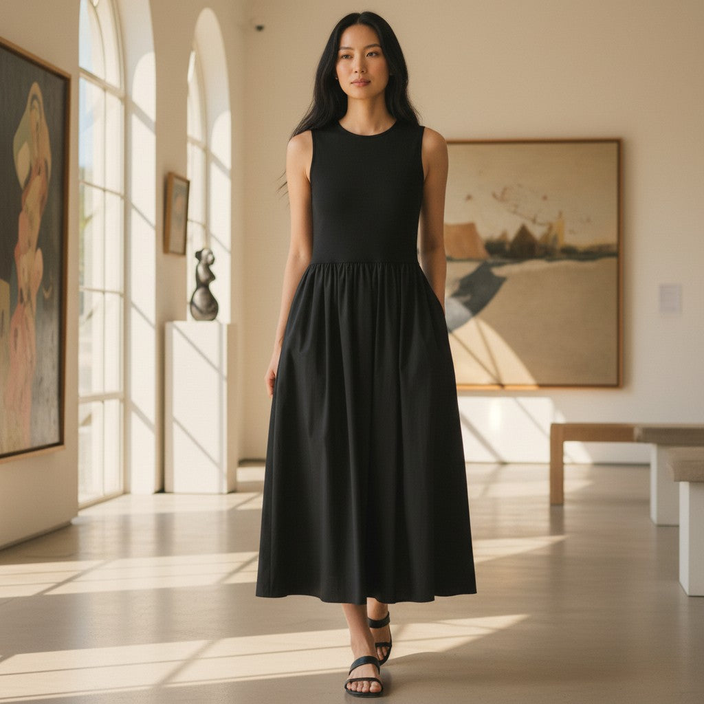 ElegantWear | Women's Midi Dress - Sleeveless A-Line with Defined Waist