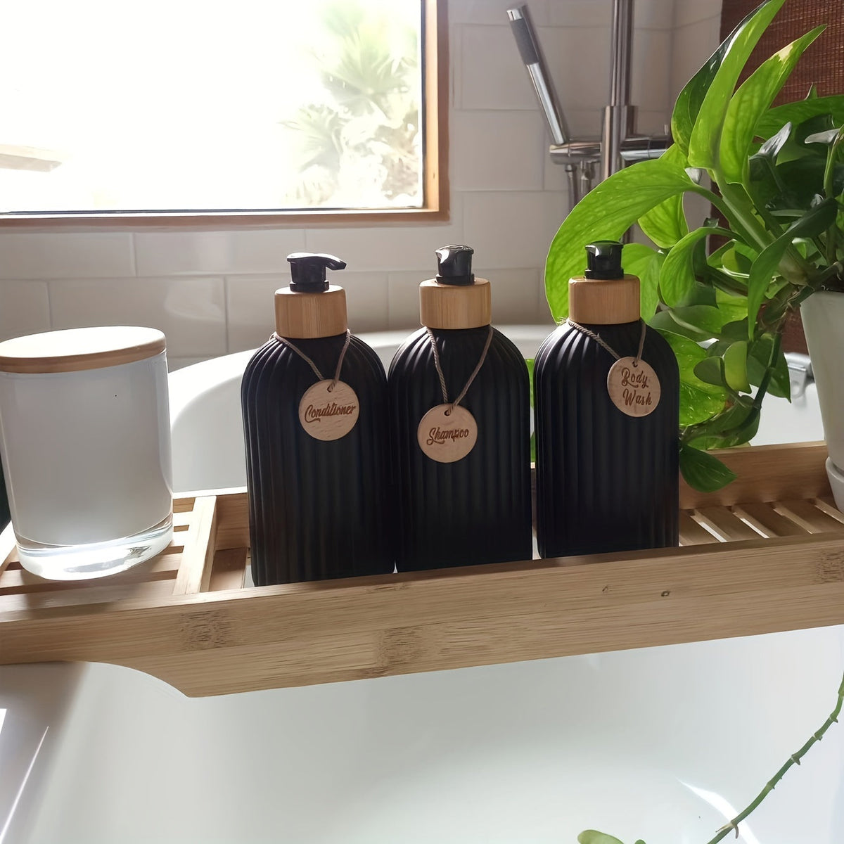 Elegant Refillable Shampoo Bottle Set – 3-Piece Black and White Collection with User-Friendly Pump Dispensers 4