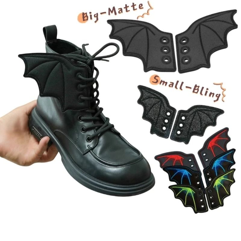 Embroidered Shoe Wing Charms Fabric | Bat-Wing Design with Metallic Thread Accents | Universal Fit for Most Shoelaces