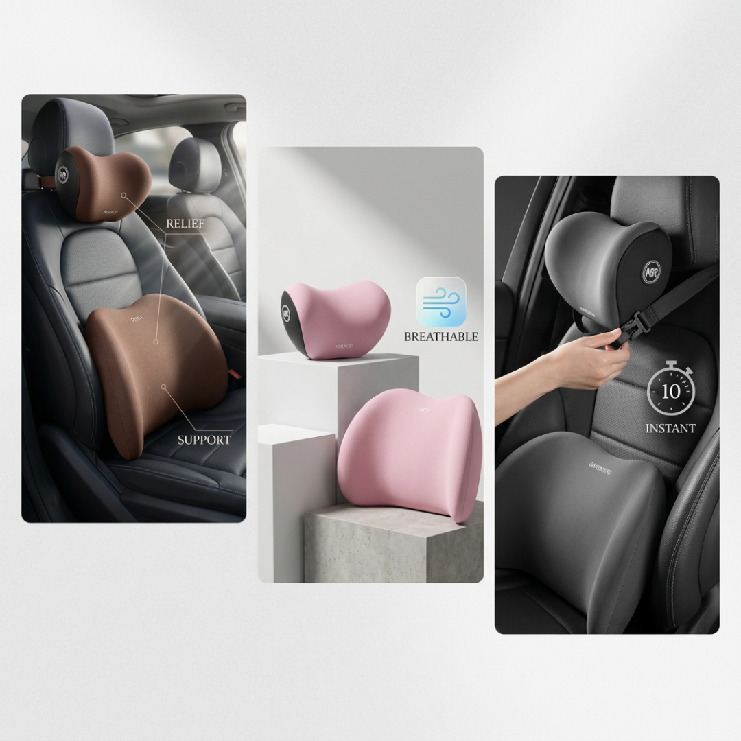 Ergonomic Car Pillow | ErgoRide Memory Foam Lumbar & Neck Support Set