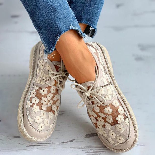 Eva | Women's Shoes - Embroidered Floral Lace Design, Breathable Mesh