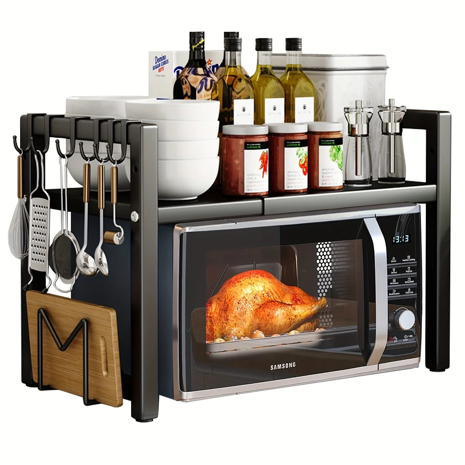 Expandable Microwave Oven Shelf Kitchen Storage Rack with 6 Hooks 0