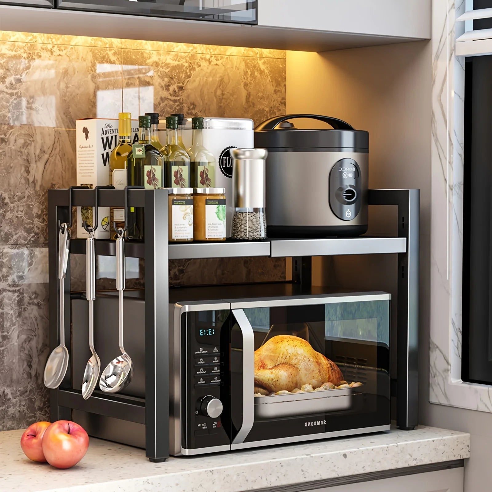 Expandable Microwave Oven Shelf Kitchen Storage Rack with 6 Hooks 1