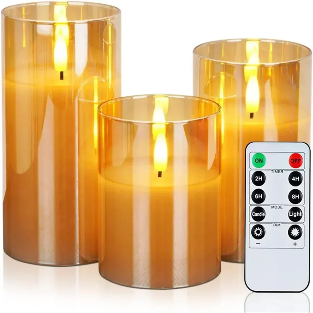 Flameless LED Candles Set of 3 | Realistic Flicker Effect, Shatterproof Glass Design | Remote-Controlled Timer, Safe Cozy Glow