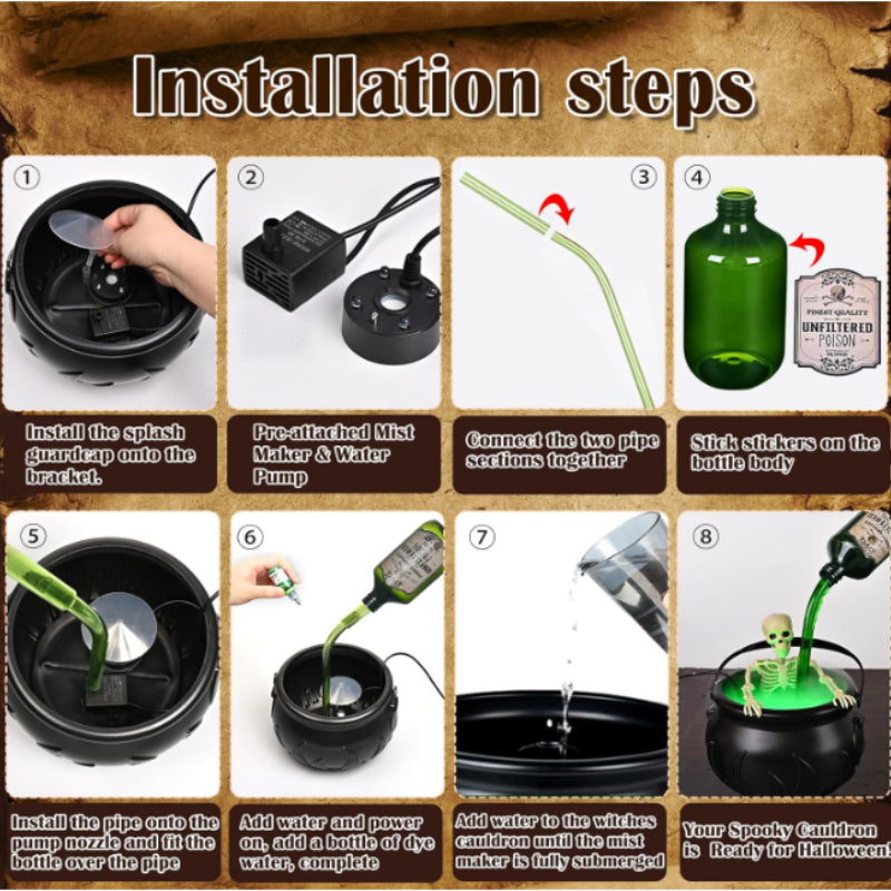 Floating Potion Bottle Cauldron Halloween Decoration | Fog Diffuser, Skeleton Props & Splash Baffle | USB Powered Glow Effect