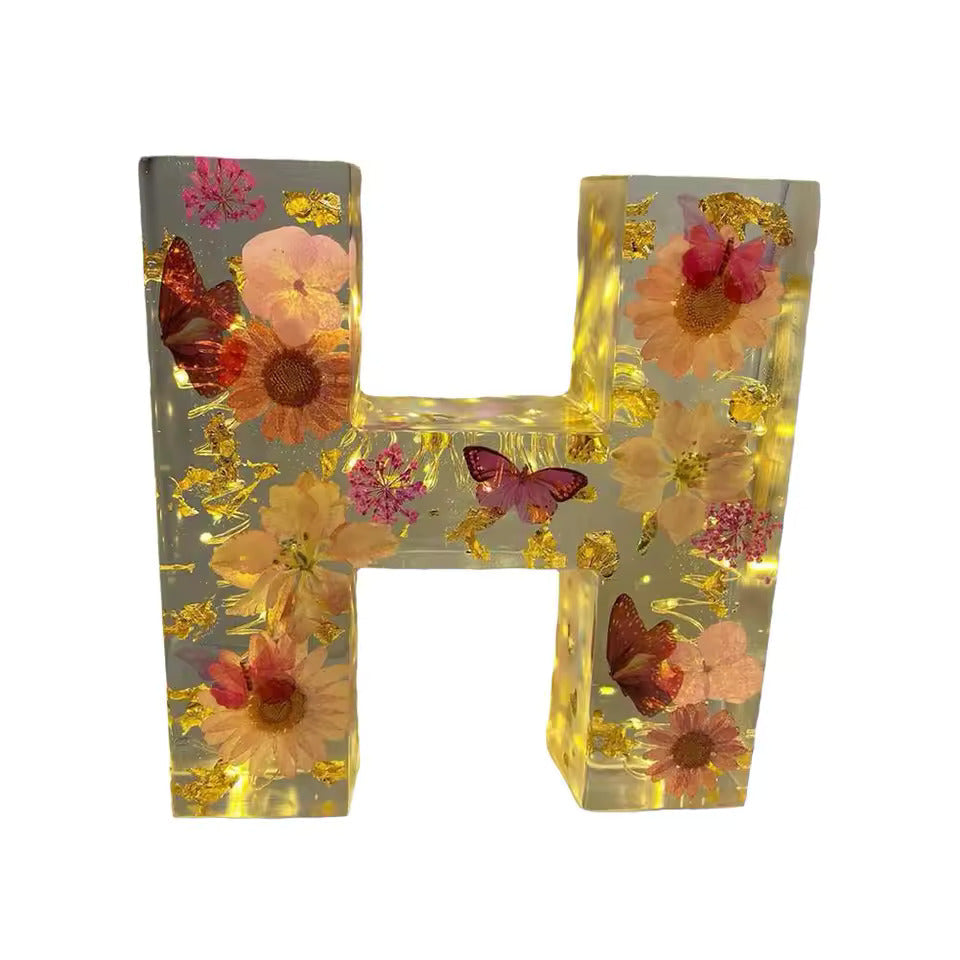 Floral Night Lamp | Resin Letter Light with Pressed Flowers and Fairy Lights