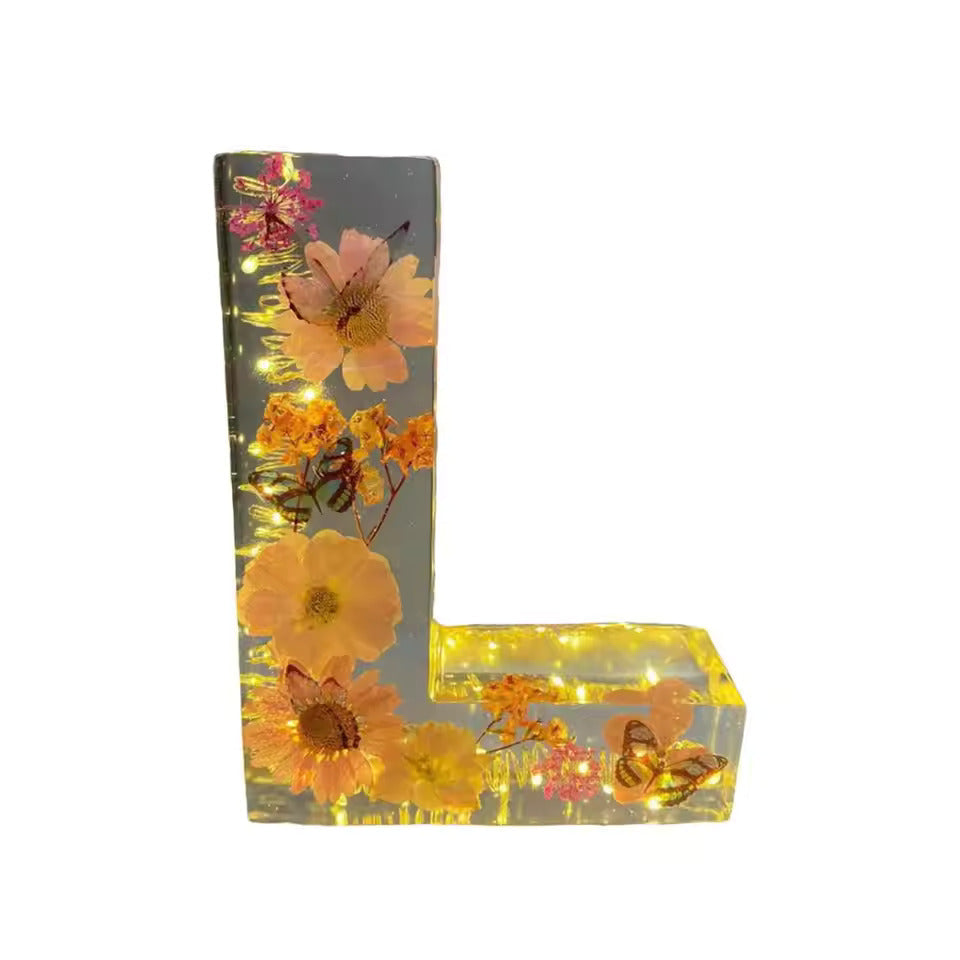 Floral Night Lamp | Resin Letter Light with Pressed Flowers and Fairy Lights