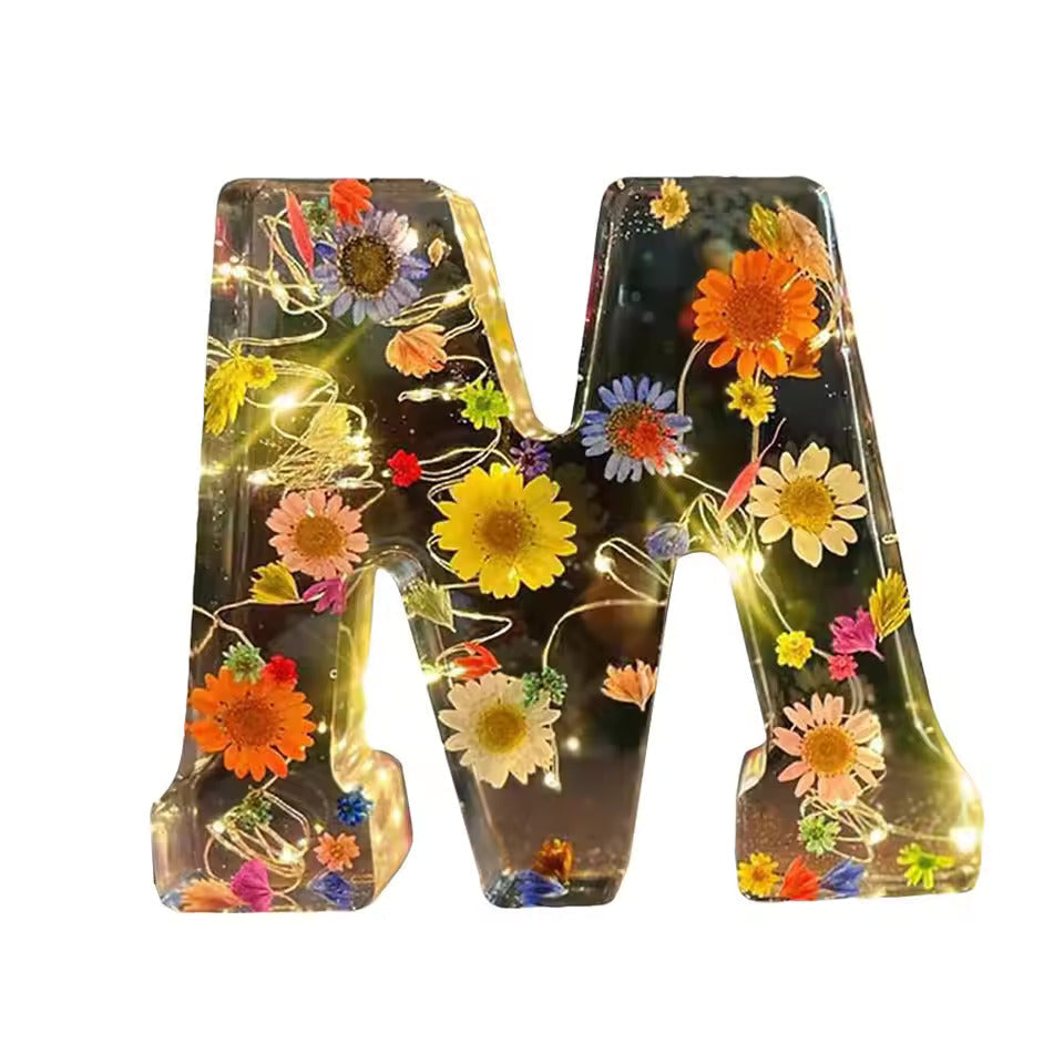 Floral Night Lamp | Resin Letter Light with Pressed Flowers and Fairy Lights