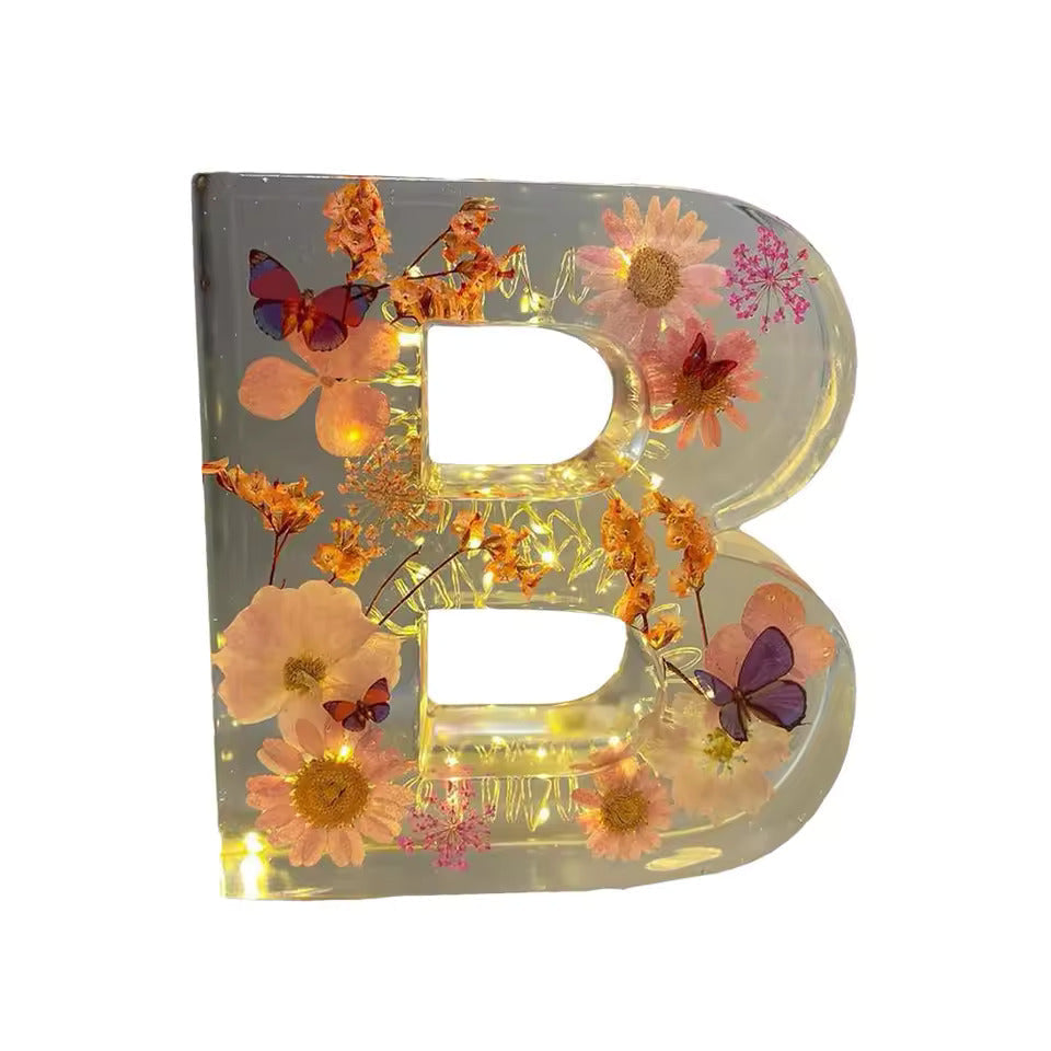 Floral Night Lamp | Resin Letter Light with Pressed Flowers and Fairy Lights