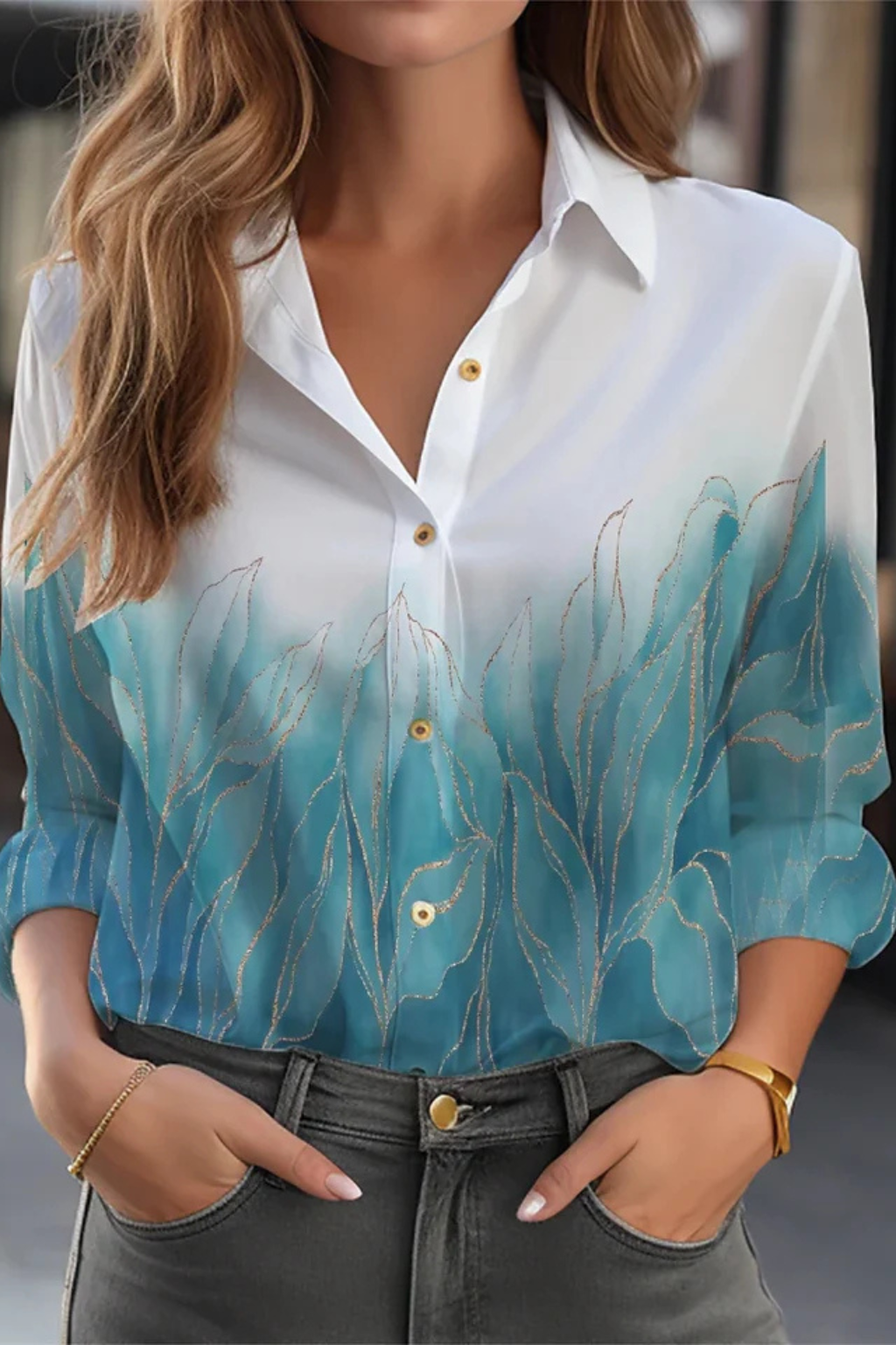 Florane | Women's Blouse - Floral Print Long Sleeve Top with Button-Down Design 8