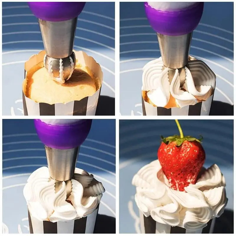 Flower Piping Nozzle Set Stainless Steel | 8 Nozzles, 2 Couplers, Reusable & Disposable Bags | Dishwasher Safe
